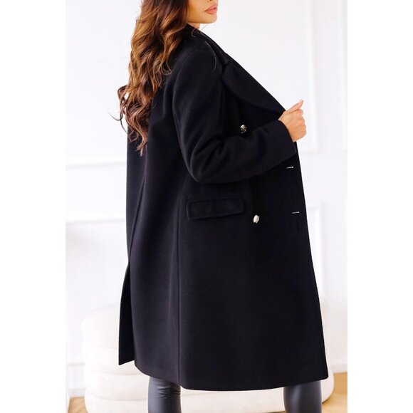 Women's Black Double-Breasted Wool Blend Winter Jacket Warm Long Trench Coat - Picture 5 of 7